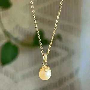 Costume Jewelry Pearl Necklace Gold drop dangle bridal luster boho luxury 16“